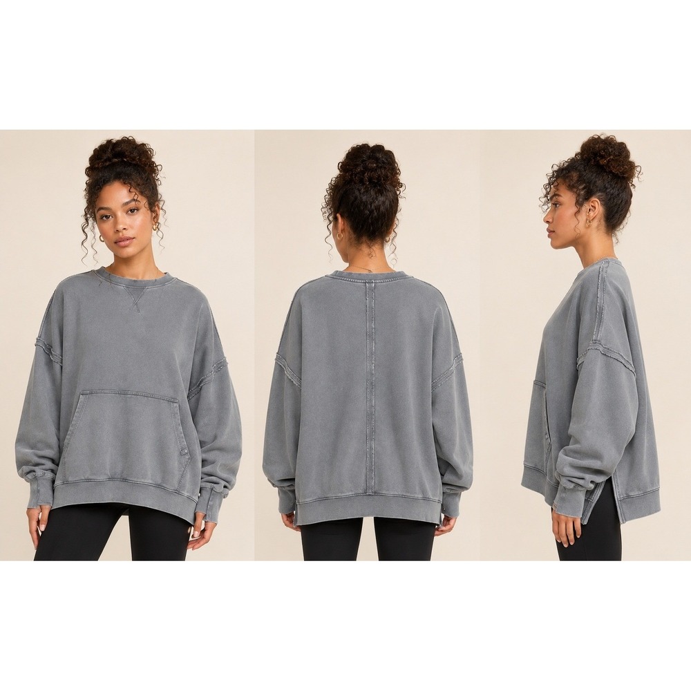 Popflex Boxy Crewneck Womens XXS/XS Vintage Grey Oversized Side Zip Athleisure